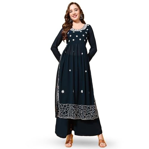 Image of PH POSHAKHUB Women A-Line Nyra Cut Kurta with Sharara in Georgette with Aari Work