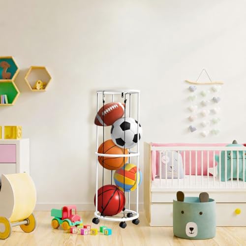 Image of 57265 Space Saving Classic Vertical Ball Racks- 40x13.2 Inch Rolling Basketball Holder Wall Mount-Garage Sports Ball Storage for Indoor Rooms and Gyms - White