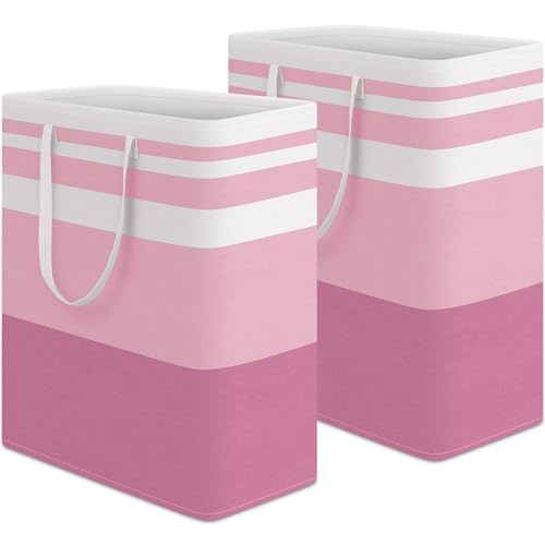 HomeHacks 2 Pack Large Laundry Baskets, Waterproof, Freestanding Laundry Hampers, Collapsible Clothes Hamper with Reinforced Handles in Laundry, College Dorm, Bathroom, Bedroom (Pink, 125Lx2)