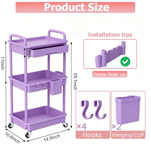 Image of REBECAT 3 Tier Rolling Cart with Drawer, Utility Storage Cart on Wheels for Kitchen, Bathroom, Living Room,Office(Purple)