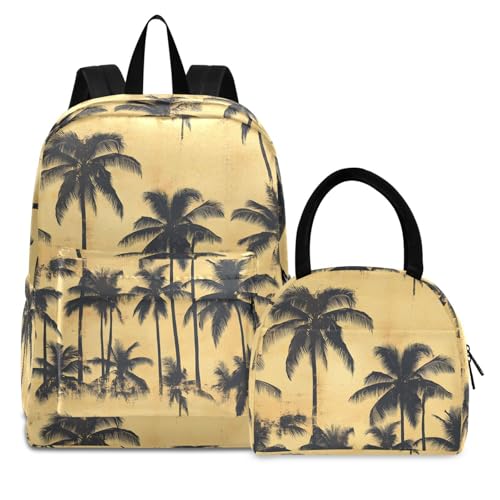 Backpack Lunch Box Set Large Capacity Travel Backpacks and Insulated Lunch Bag for Commute Hiking Picnic Silhouettes Palm Print