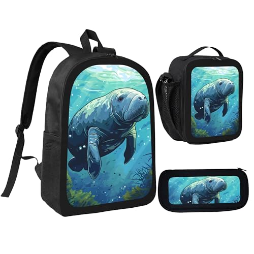 Cute Animal Cartoon Walrus 3 Pcs 17 Inches Backpack Set with Insulated Lunch Bag And Pencil Pouch Large Back Pack for Men Women Lunchbox Pencil Case Waterproof Backpacks Lunch Box 3 Piece Daypacks