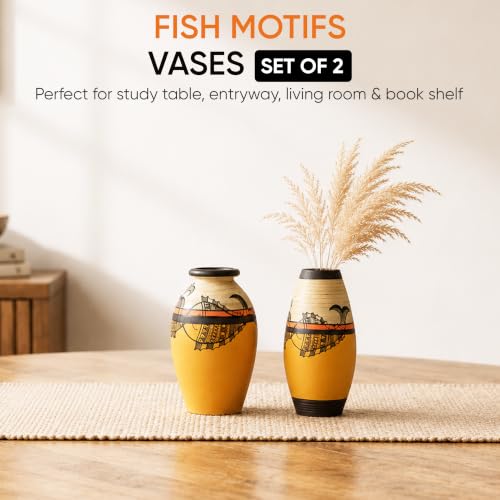 Image of Aakriti Art Creations Madhubani Terracotta Vase Set of 2 with Fish Motif | Handmade Yellow Decorative Flower Vases | Matte Finish Table Decor for Living Room, Shelf Decor & Housewarming Gifts
