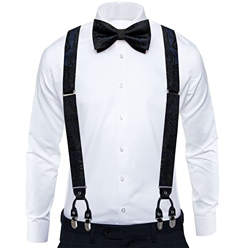 Image of DiBanGu Paisley Bow Tie and Supenders for Men Tuxedo Heavy Duty 6 Clips Suspender Adjustable Y-Shape Mens Trouser Braces