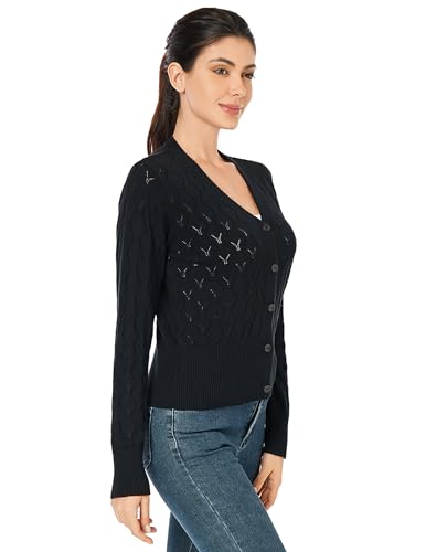 Image of AmelieBoutik Women Lightweight Button Down Long Sleeve Casual V Neck Soft Crochet Knit Fall Cardigan Sweater Tops