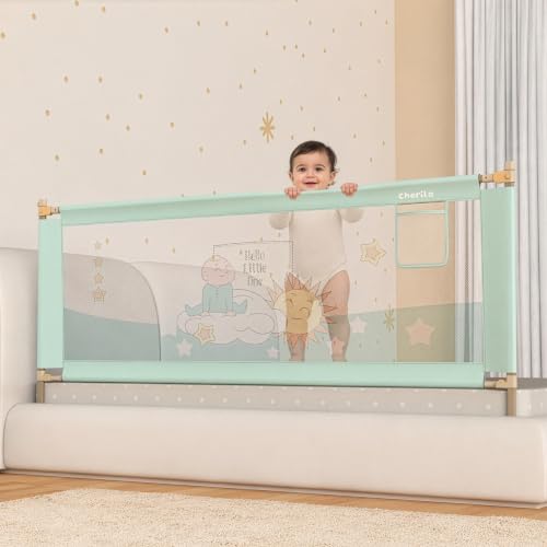 Image of Cherilo Baby Bed Protector Side Walls | (6.5ft / 200cm), 1 Side | Foldable & Height Adjustable Bed Railing for Baby Safety | Breathable Mesh, Kids-Friendly Prints | Sea Green (Pack of 1)