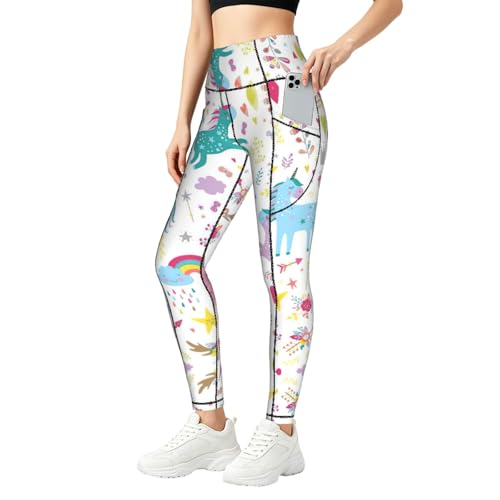 Leggings con estampado rosa de unicornios para mujer con bolsillos laterales de alta capacidad