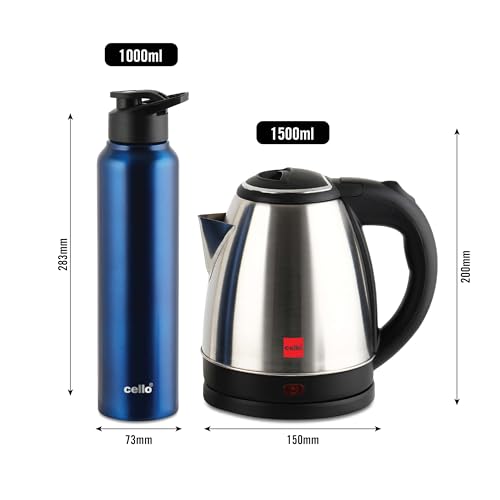 Image of CELLO Lifestyle Stainless Steel Electric Kettle 1.5L + Sippa Steel Water Bottle 1000 ml Blue Combo | Double Wall, Auto-Shut Off Protection, Cool Touch Handle | Electric Kettle For Boiling Hot Water