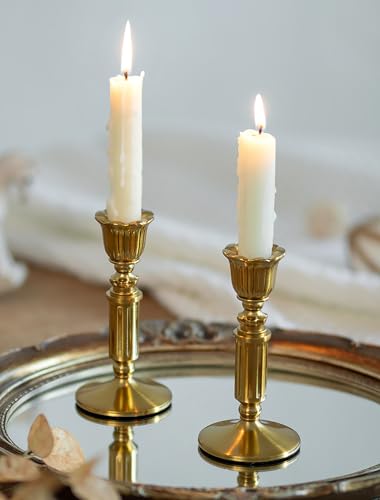 Gold Candle Holders Vintage Decor - Romadedi Solid Brass Candlestick Taper Holder for Wedding Christmas Table Centerpiece Mantel Home Decoration 5.5 Inch Set of 2