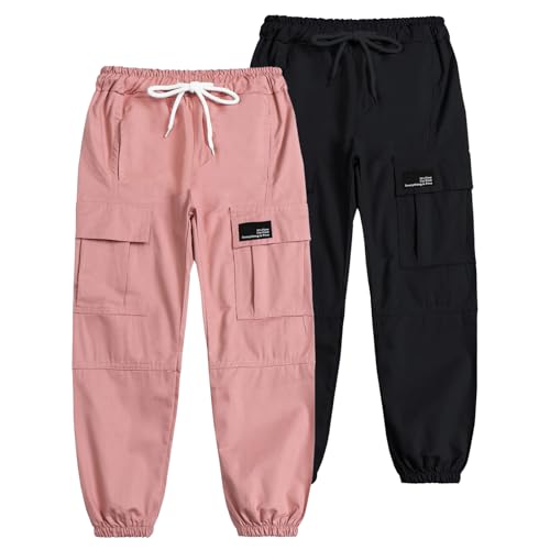 Cromoncent Womens 2 Packs Cargo Pants Elastic Waist Lightweight Outdoor Jogger Pants Pink+Black XXL