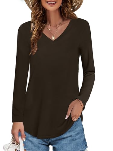 Image of Elesomo Womens T Shirts V Neck Summer Short /Long Sleeve Cotton Tops