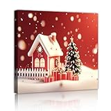クリスマス雪のシーンキャンバスプリントウォールアートウィンターコテージクリスマスツリー壁装飾リビングスペースアパートの家の装飾レッド38x38cmインナーフレーム