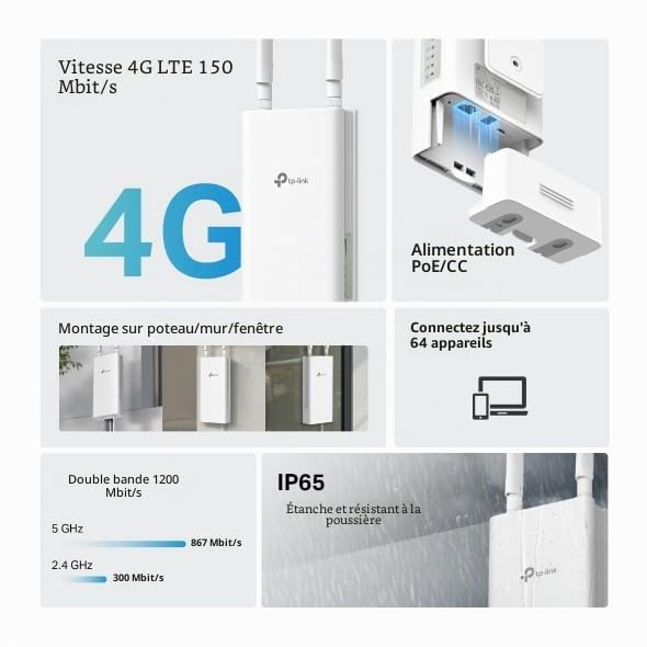 TP-Link Archer MR402-Outdoor Router 4G LTE Externe, WiFi AC1200Mbps Double Bande, IP65 étanche, Support PoE/DC, Cat4 jusqu'à 150 Mbps, Technologie OneMesh, Installation sur Poteau/Mur, Plug&Play