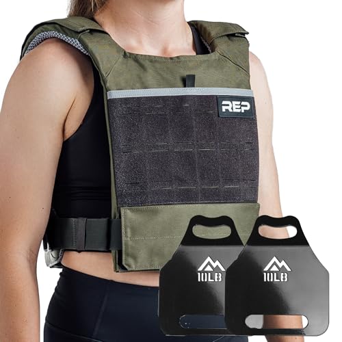 REP Fitness Strata Weight Vest For Men and Women with (2) 10 lb Plates 22.3 lbs Total Heavy Duty Wearable Weightsfor CrossFit Cardio Strength Training Gym Workouts Adjustable Fit Green