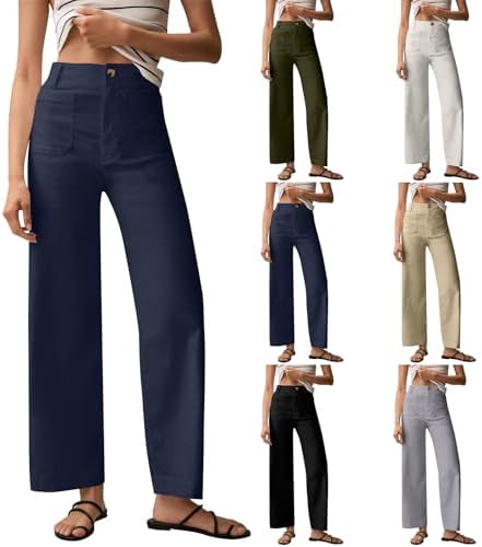 Womens Twill Cropped Pants Wide Leg High Waisted Chino Pants Stretch Business Casual Work Trousers with Pocket