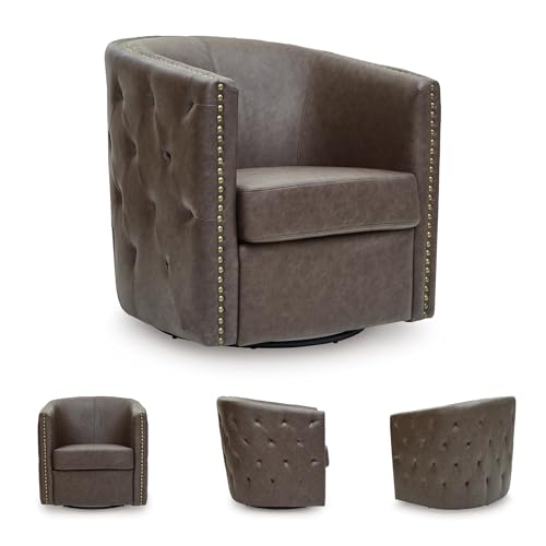 Image of Signature Design by Ashley Brentlow Swivel Chair with Faux Leather Upholstery, Barrel‑Back Seating, Antiqued Nailhead Trim and Tufted Sides for Living Room or Bedroom, Dark Brown