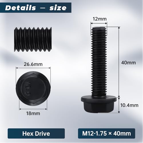 Image of 6 Sets M12-1.75 x 40mm Flange Hex Bolt with Flange Nuts and Flat & Lock Washers Assortment Set, 10.9 Grade Alloy Steel, Serrated, for Automotive Repair & Machinery Projects, Glvaner