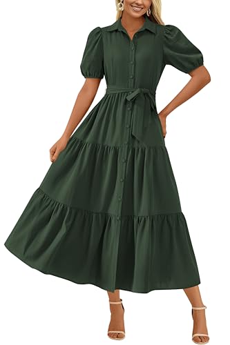 MASCOMODA Womens Summer Dresses 2025 Short Sleeve Maxi Dress Casual V Neck Button Down Tiered A Line Flowy Midi Shirt Dress