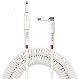 M MAKA Premium Guitar Coil Cable 20 Feet, Instrument Coiled Curly Cord for Guitar Bass, 1/4 inch Right Angle to Straight, White …