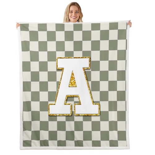 Image of Erosebridal Sage Green Checkered Fleece Blanket Queen 90 inchx90 inch Plaid Initial A Sherpa Blanket Personalized Monogram Fuzzy Plush Throw for Kids Boys Girls,Fashion Grids Gingham Decor for Bed Couch