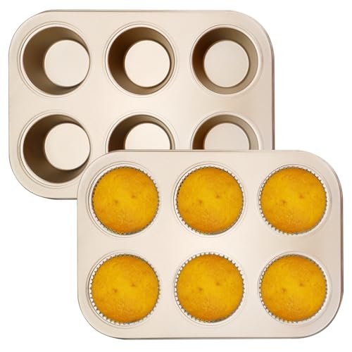 APOMOONS Juego de 2 bandejas para magdalenas de acero al carbono para 6 magdalenas, molde antiadherente, apto para hornear magdalenas, cupcakes, pasteles y pudines