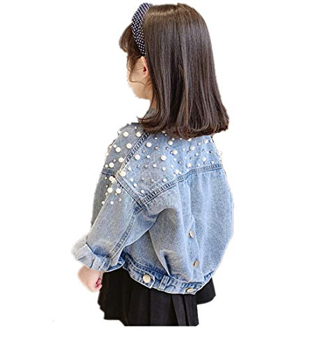 Nine Minow Girls' Denim Jacket Spring Single-Breasted Lapel Beaded Fashion Coat (8-9 Years)