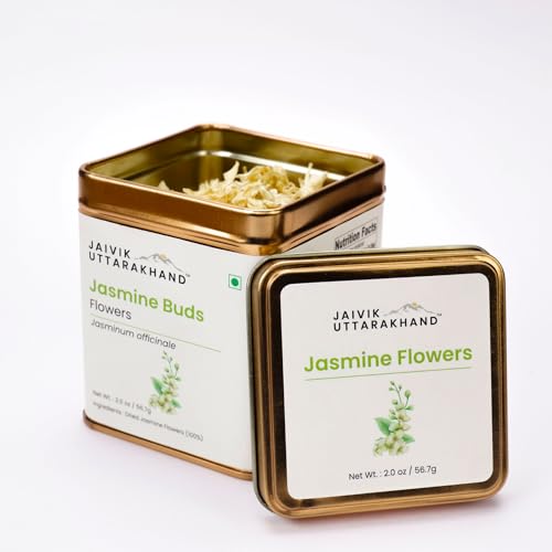 Image of Jaivik Uttarakhand - Dried Jasmine Tea Loose Leaf (226.8 g), No Additives, Sweet Fragrant Flavor, Healthy Beverages, Pack of 4 Tin Box
