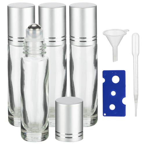 10ML Essential Oil Roller Bottles, 4 Pack Clear Silver Oil Roller Bottles for Essential Oils, Roll on Bottle with Stainless Steel Balls(4 Labels, Opener, Funnel, Dropper Included)