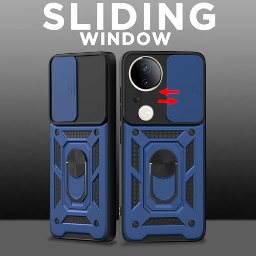 Image of Pikkme Back Cover for Vivo T4 Ultra 5G | D10 Tough Armor | 360 Protection Case | Sliding Camera Shield Cover & Ring Holder Stand Bumper Case (Blue)