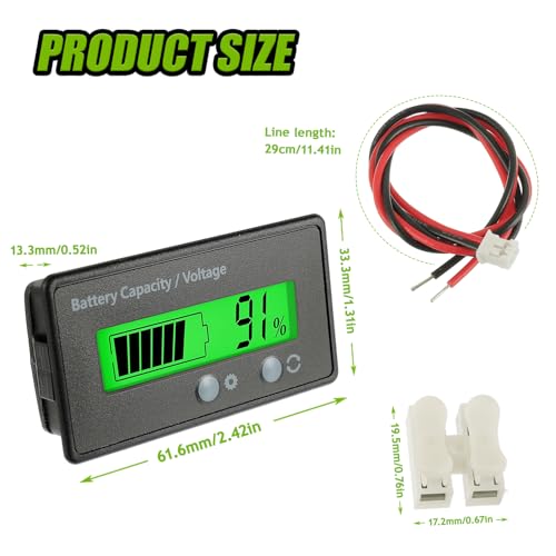 EPLZON 2 Stücke Batteriekapazitäts Voltmeter Monitor, DC 12V 24V 36V 48V 60V 72V Batteriemessgerät, Batteriekapazität Spannung Meter Blei-Säure und Lithium Ion Batterietester (Grünes Licht)