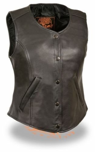 WOMEN'S MOTORCYCLE RIDER EXTRA LONG LEATHER CLASSIC VEST SOFT LEATHER BLACK (L)