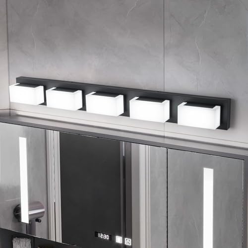 Image of Lingkai LED Bathroom Vanity Light Fixtures 38-Inch 35W Matte Black Modern Bathroom Light Fixtures Over Mirror with Rotatable Vanity Lights Heads Cool White 6000K Bath Wall Lighting Fixtures