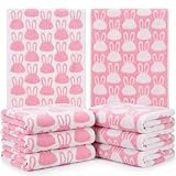 Frienda 4 Pcs Easter Hand Towels for Bathroom 13 x 29'' Soft 100% Cotton Pink and White Bunny Decorative Towel Absorbent Pink Rabbit Bathroom Decor for Drying Cleaning Cooking Gift Easter Decor