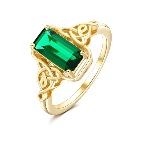 DAYBYDAY Celtic Birthstone Rings for Women, 925 Sterling Silver/18K Gold Plated Emerald Cut Celtic Knot Engagement Wedding Ring, Square Created Gemstone Promise Rings for Her Size 6-10