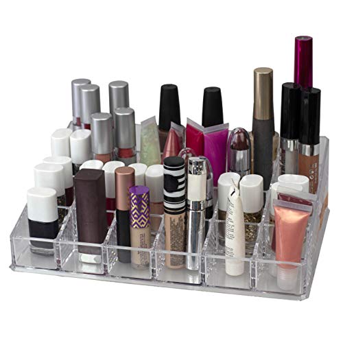 Home Basics 24 Compartment Transparent Plastic Cosmetic Makeup and Nail Polish Storage Organizer Holder for Vanity, Bathroom Counter or Dresser, Clear