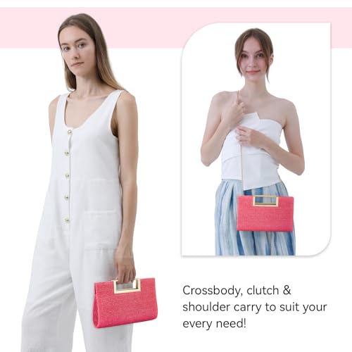 Image of Women's Straw Raffia Clutch Purse, Top Handle Woven Handbag with Crossbody Strap, Summer Beach Shoulder Bag