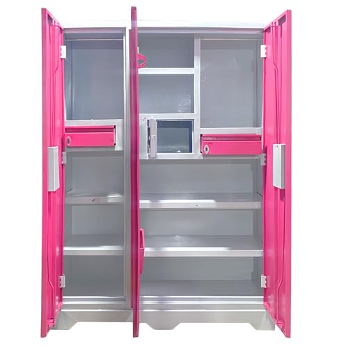 Image of Steel Almirah 3 Door Wardrobe with Mirror-3 Years Warranty | Modern Metal Cupboard berow for Bedroom | Clothes Storage Organizer with 2 Drawers & 2 Hanging Space (Pink, 54 X 18 X 78)