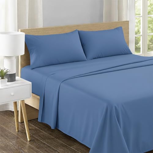 Image of Feather & Stitch 500 TC Twin Size 3pc Damask Bed Sheet Set, 100% Soft Cotton Breathable Bedsheets, 18 inch Deep Pockets Sateen Weave Solid Bedding Mattress Resort Hotel Luxury Decor - (Mist Blue)