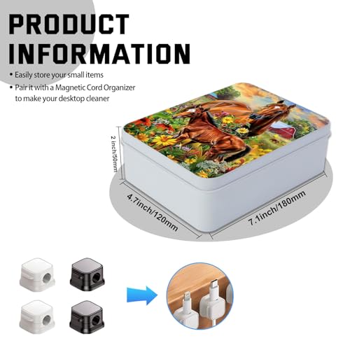 Image of Metal Tin Box with Lid for Game Cards Home Organizer Candles Keys Crafts Storage - Comes with 4 Magnetic Cord Clips,Horses and flowers