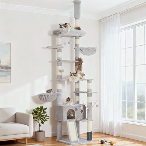 Hey-brother Cat Tree 98.4-110.2 Inches Floor to Ceiling Cat Tree-Adjustable Height Tall Cat Climbing Tower for Cats Large Adult with Scratching Post Cat cando Light Gray 0MPJ091W