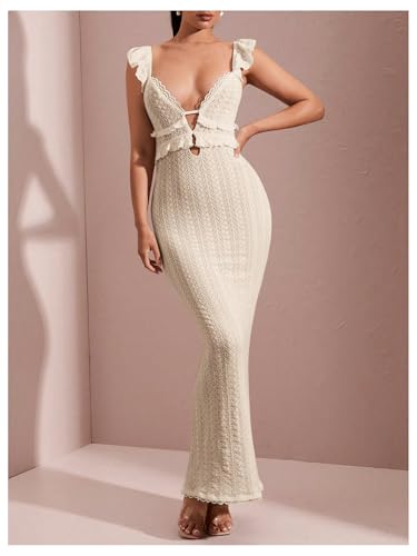 Image of SOLY HUX Women's Maxi Dress Crochet Ruffle Sleeveless Backless Bodycon Long Dresses