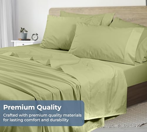 Image of ROYALE LINENS 100% Organic Cotton Full Sheet Set - Percale Weave - 4 Pieces Set - 1 Flat, 1 Deep Pocket Fitted Sheet and 2 Pillowcases - Sage Green Bed Sheets - Sabanas Full - Crisp Cool (Sage Green)