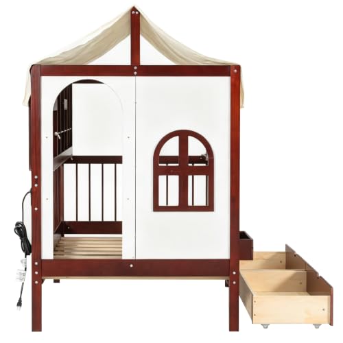 Image of House Bed with Tent and Bookshelf, 2 Drawers, USB Charging