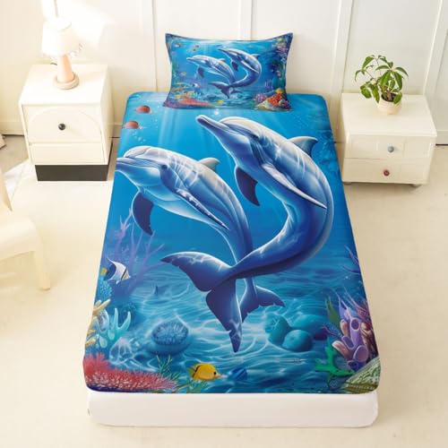 Image of jejeloiu Dolphin Bed Sheets Set Twin Size Cute Ocean Animal Bed Set Jumping Dolphins Deep Pocket Fitted Sheet Blue Ocean Marine Themed Breathable Soft Lightweight Microfiber
