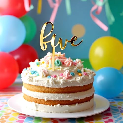 Image of Golden Acrylic Cake Topper | Number Five Cake Decoration for 5th Birthday | Wedding, Anniversary, Party Supplies