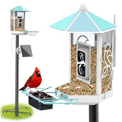 Metal Bird Feeder with Camera and 74.5 Inch Pole - Smart Camera Bird Feeder Solar Powered with 2K Live Stream for Backyard, AI Identify Auto Capture Videos, Unique Outdoor Gifts for Mom and Dad