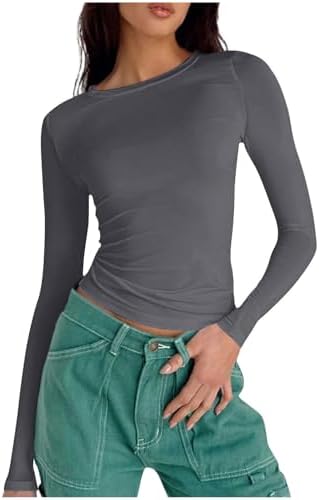 Womens Long Sleeve Shirts Casual Basic Spring Going Out Crop Tops Fall Fashion Layering Slim Fitted Y2k Tops