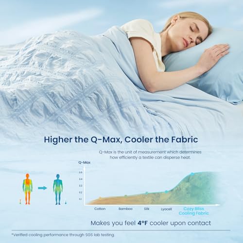 Cozy Bliss Cooling Comforter King Size Seersucker Plaid, Q-Max 0.4 Reversible Lightweight Cooling Blanket, Breathable Silk Smooth Summer Bedding Quilt for Hot Sleepers Night Sweats Blue