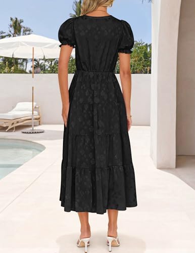 Image of ZESICA Womens Summer Floral Flowy Midi Dress 2026 Puff Short Sleeve V Neck Ruffle Tiered Beach Vacation Party Dresses