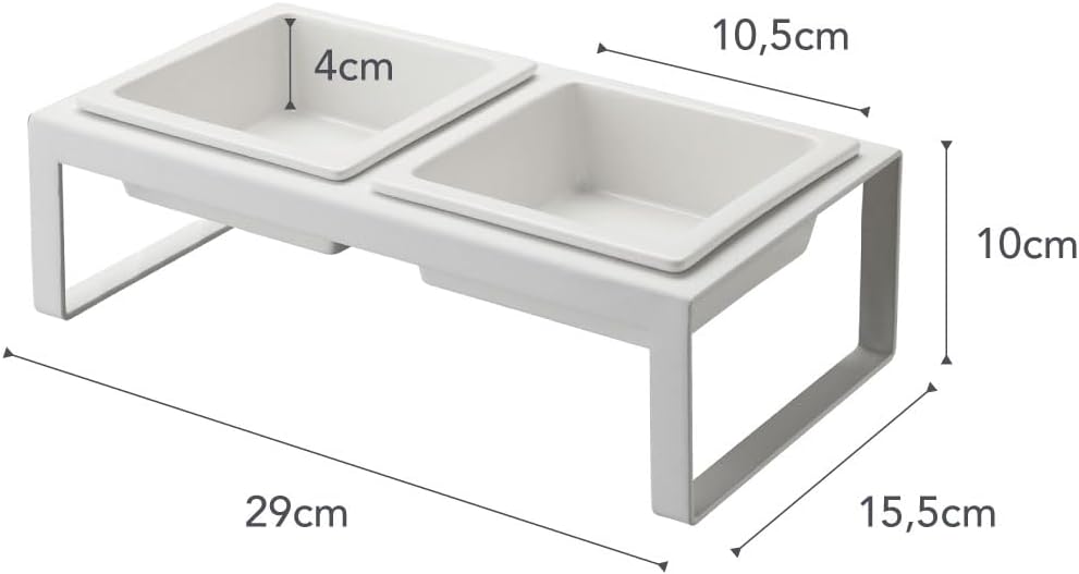 Yamazaki Home Tower Steel and Ceramic Pet Food Stand | 2 Bowls for Food and Water | Feeder for Small Cats and Dogs | Non-Slip - Tall - 1.25 Cups, 300 Milliliters Per Bowl